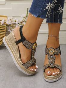 2025 New Bohemian Platform Wedge Sandals For Women, High Heel Thick Bottom Roman Chunky Heel Sandals - Black - View 2