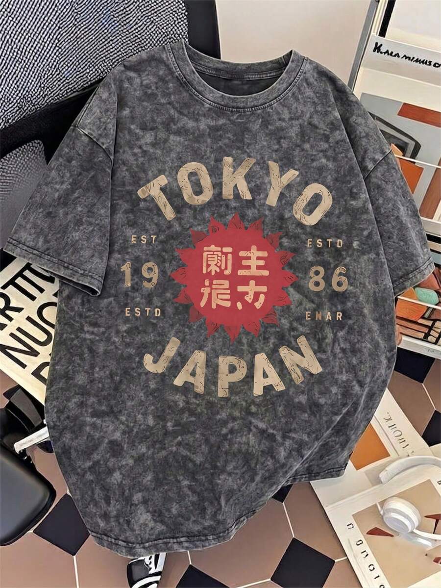 Áo thun nữ tay ngắn cổ tròn kiểu vintage mùa hè 2026, in hình Tokyo Nhật Bản, kiểu dáng rộng rãi thoải mái, thích hợp cho kỳ nghỉ. - Xám đậm - Xem 1