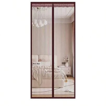 Cortina de puerta a rayas de café de seda de hielo, anti-mosquitos, malla ultra densa, cierre magnético automático, instalación sin taladro, apta para niños y mascotas, de doble uso para el hogar y la tienda