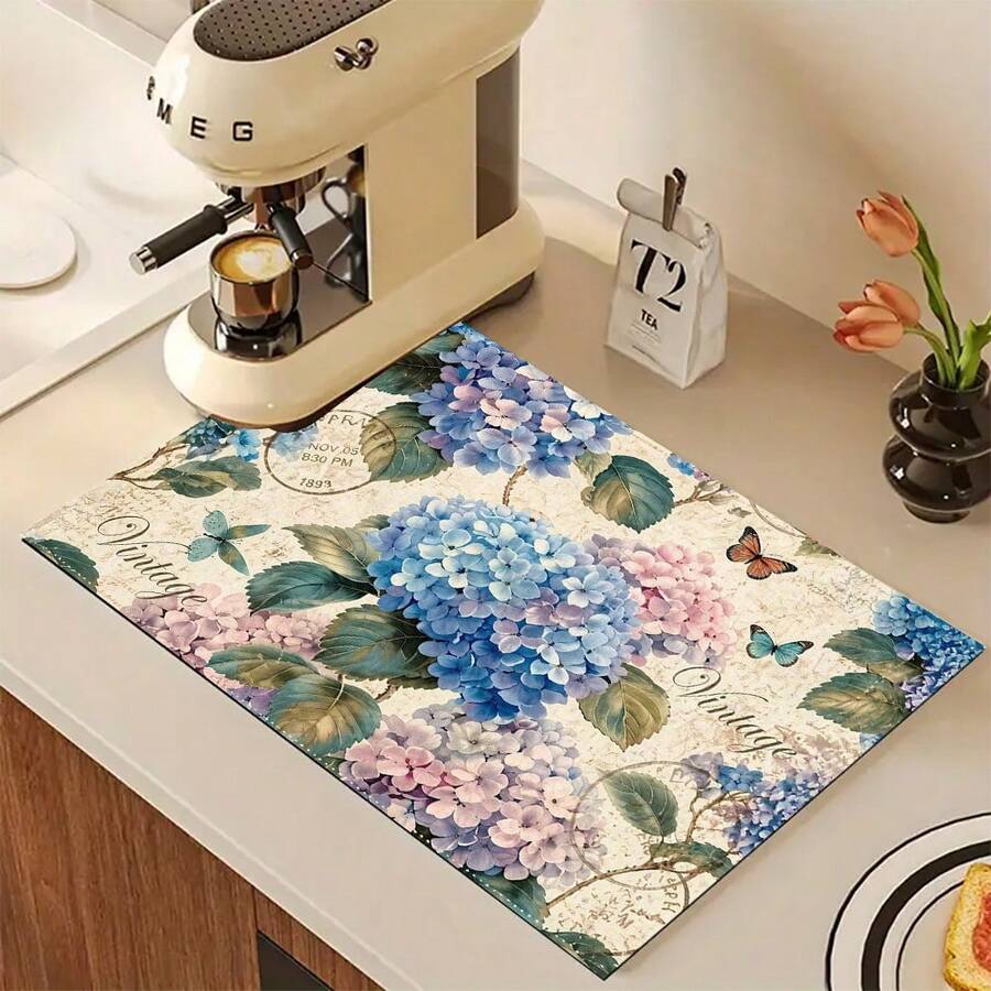 1 件绣球花印花吸水垫/晾干垫,适用于咖啡机、餐具 - 涤纶吸水桌面保护垫,带橡胶防滑垫,可用于厨房台面装饰、家庭酒吧和餐桌 - 彩色 - 查看 1