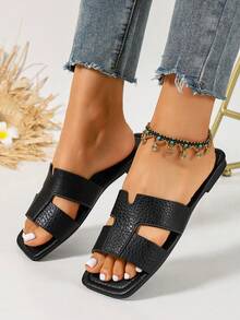 Ximi Ruo New Spring/Summer Fashion Casual Strap Slide Sandals, Comfortable Flat Heel Round Toe Beach Slippers, Versatile Slip-On Sandals For Women - Black - View 4