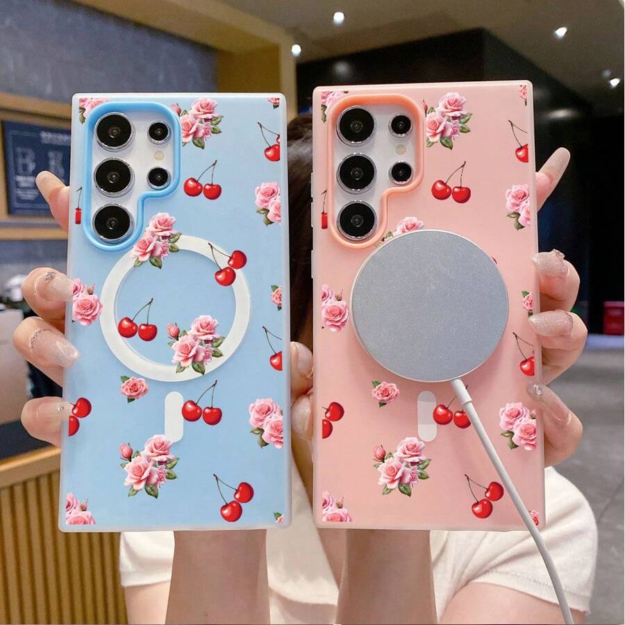 Funda para teléfono: Funda de gel adecuada para Samsung Galaxy S22, S23, S24, S25, S26 FE, Edge, Pus, Ultra A56 A54 A55 A36 A35 A26 A25 A17 A16 A15 con estampado de camelia flotante y cerezas. - Verde fluorescente - Ver 1