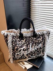 Large Capacity Commuter Tote Bag, Spring New Versatile Leopard Print Shoulder Handbag For Women - Khaki - View 2