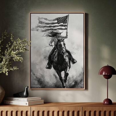 1pc, American Cowgirl On Horseback Posters And Prints, Black And White Patriotic Western Wall Art Canvas Painting, Independence Day Posters Wall Art, For Living Room, Office, Bedroom, Bar, Wall Decor, Best Gifts, No Frame