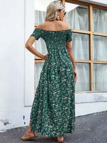 Vestido largo con abertura alta, estampado floral ditsy, hombros descubiertos, para vacaciones y playa, para mujer - Verde - Ver 2