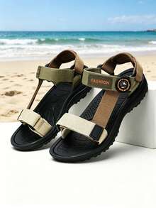 1 par de sandalias planas de color simple con diseño de cierre de gancho y bucle tejido, cómodas y frescas, unisex, adecuadas para usar en verano - Negro - Ver 5