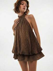 Vestido corto de verano para mujer con cuello halter, espalda descubierta y volantes con estampado de cuadros - Óxido marrón - Ver 4