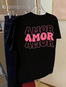 T-shirt estiva da donna con stampa su entrambi i lati - Stampa a bolle rosa Amor, adatta per la primavera e l'estate, abbigliamento femminile semplice, comodo, ampio, con scollo rotondo a Y T-shirt-koszulki - nero - Visualizzare 4