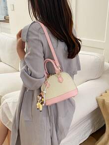 1 Peça Bolsa Feminina da Moda, Bolsa Tipo Concha Colorblock, Bolsa Transversal, Feita de Material de Couro PU, Inclui Pingente, Bolsa Casual Diária, Adequada para Jovens Senhoras - Adequada para Sair, Compras, Escola, Encontros, Presente, Escritório, Trabalho, Viagem. - Branco - Visão 4