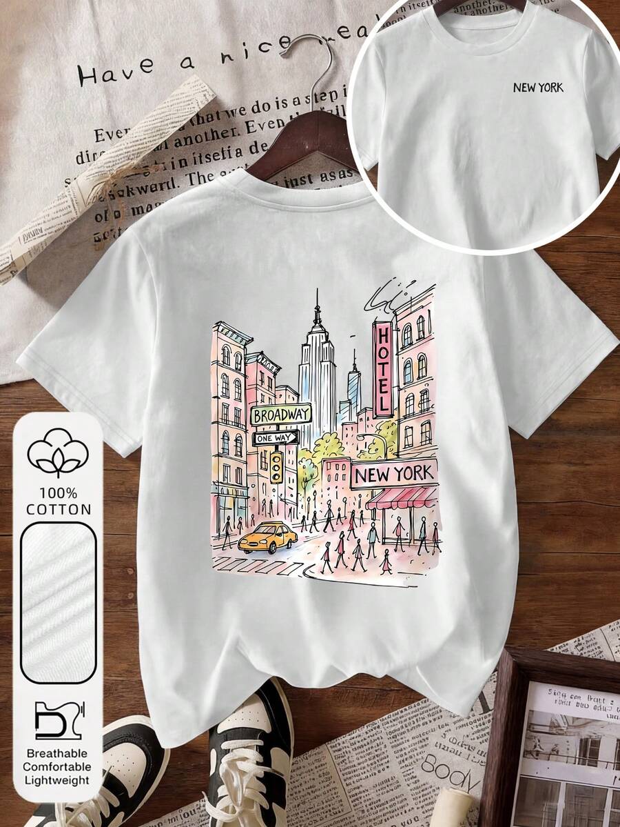 Women's Vacation Street 100% Cotton Watercolor New York City Graphic Crew Neck Short Sleeves Casual Minimalism Summer Women's White Tops T-Shirts - White - View 1