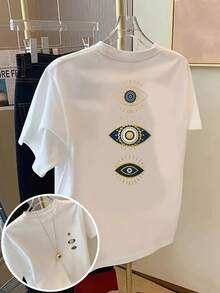 Short Sleeve T-Shirt With Front And Back Panels - Fashion Mysterious Eye Pattern Print - Women's Spring/Summer Print T-Shirt, Fashion Item. - White - View 1
