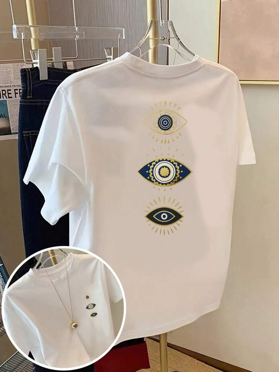 Short Sleeve T-Shirt With Front And Back Panels - Fashion Mysterious Eye Pattern Print - Women's Spring/Summer Print T-Shirt, Fashion Item. - White - View 1