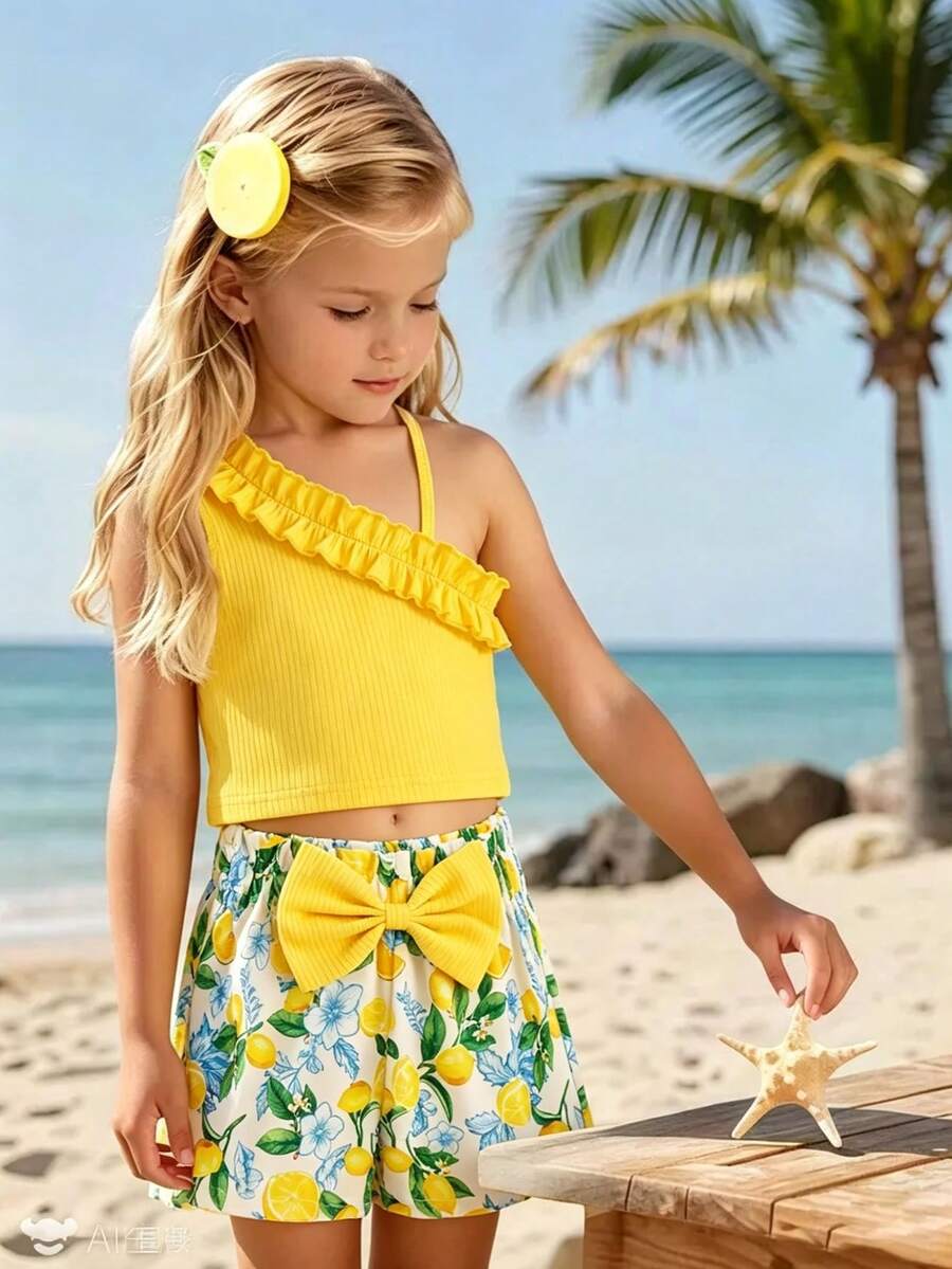 Young Girls Sleeveless Ruffle Trim Camisole Top + Sunflower Print Bow Shorts Set - Mustard Yellow - View 1