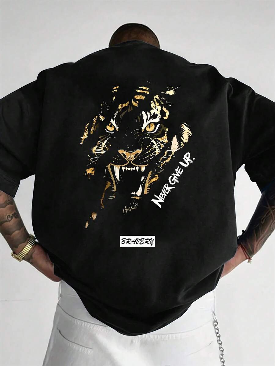 Men's Casual Fashion Versatile Tiger Print V-Neck Short Sleeve T-Shirt, Summer - Black - View 1