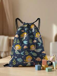 1 pieza Mochila con cordón, multiescenario, súper capacidad, ultraligera, bolsa con cordón estampada de sirena, adecuada para deportes, fitness, viajes, natación, playa, unisex - Multicolor - Ver 9
