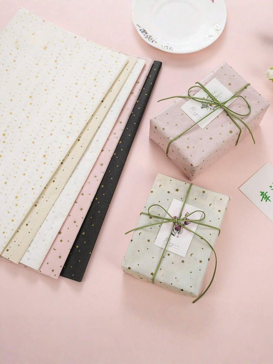 10pcs Thin Paper Sheets, 3 Colors, With Star & Pattern Designs, Suitable For Wedding, Valentine's Day, Birthday Gift Wrapping, Bouquet Wrapping, Gift Bag Filler And Party Favors - Multicolor - View 1