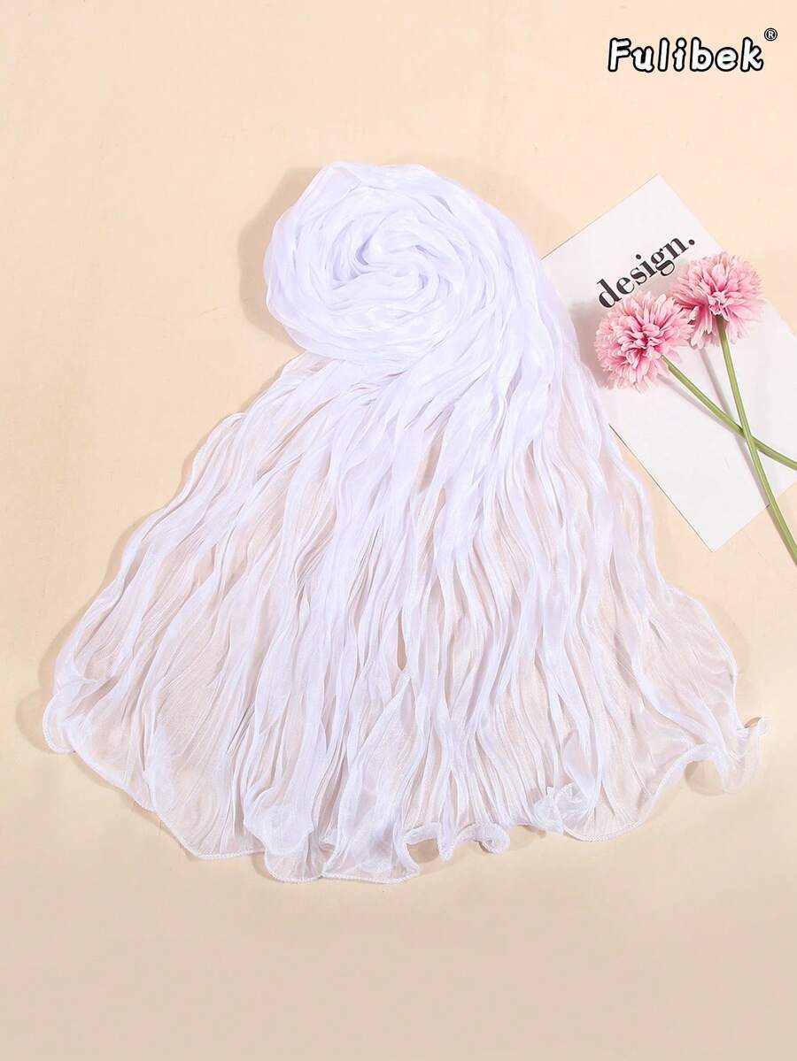 1pc Women's Lightweight Solid Color Ruffle Edge Crinkle Scarf, Fashionable Casual Suitable For Daily Matching, Beach, Travel, Sun Protection - White - View 1