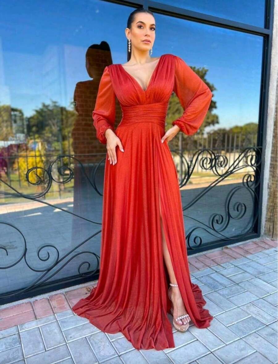 Long Dress For Graduation, Party, Wedding, Evening, Bridesmaid With Sparkle - Burnt Orange - View 1