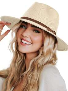1pc Vacation Casual Braided Jazz Cap Straw Hat - 米色 + 扭曲裝飾 - 查看 1