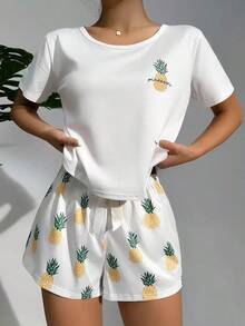 Pineapple Print T-Shirt And Shorts Pajama Set - Putih - View 1