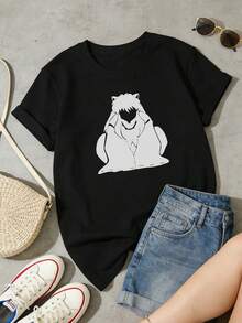 Camiseta de manga corta con cuello redondo suave y casual de verano para mujer, estampado clásico con silueta de personaje de anime minimalista en blanco y negro. Blanco. - Negro - Ver 2