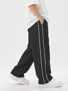 1pc Young Boys Classic Minimalist Versatile Breathable Solid Color Side Stripe Casual Straight Leg Pants - Black - View 3