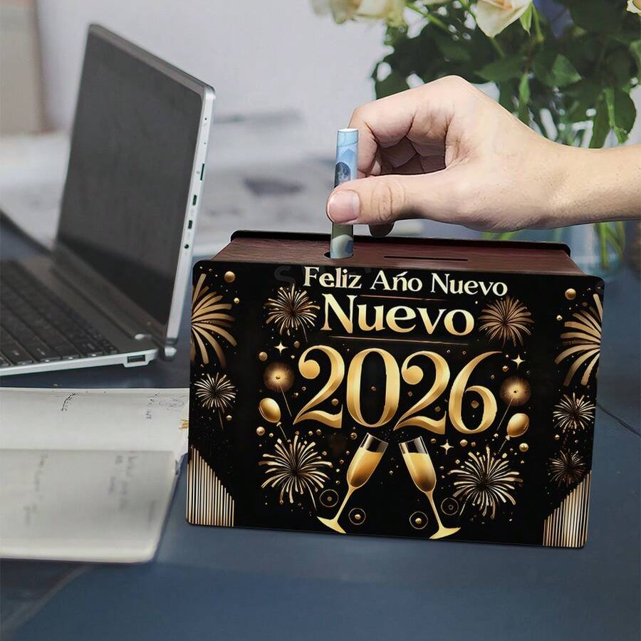 1pc Wooden Combination Coin Storage Box, 2026 New Year Single-Sided Pattern Design, DIY Wooden Decor Piggy Bank, Suitable For Room - Multicolor - View 1