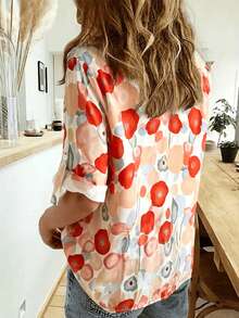Blusa de manga larga con estampado abstracto colorido de poliéster para mujer, diseño con botones delanteros para primavera - Rosa Fucsia - Ver 3