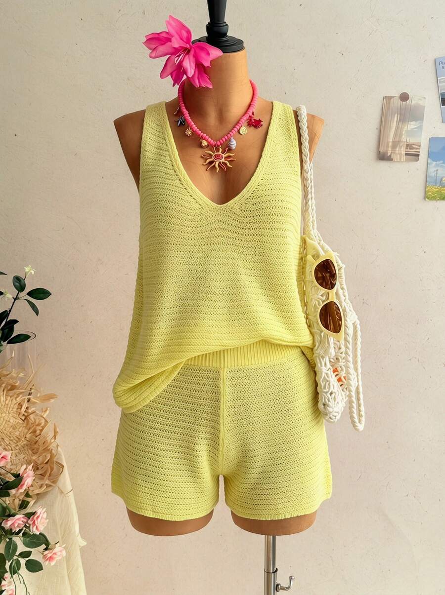 Temptaria Bộ áo và quần short dệt kim gợi cảm dành cho nữ, phù hợp cho mặc hàng ngày, đi nghỉ mát và tạo phong cách quyến rũ. - Màu vàng - Xem 1