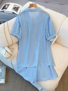 Summer Shorts Suit Fashionable Casual Short-Sleeved Texture Sunscreen Shirt Vest Three-Piece Suit - Azul - Ver 2
