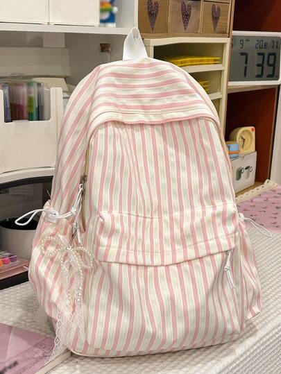 Vertical Striped Women's Backpack, Pearl Ribbon Decor Student Schoolbag, Large Capacity Minimalist Breathable Pressure Relief Backpack, Suitable For Back To School And Outdoor Travel