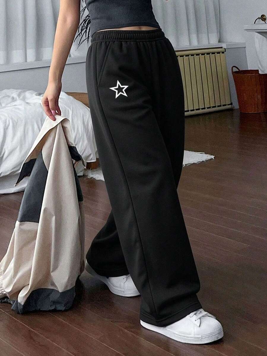 1pc Tween Girls Casual VersatilAll-Matchic Lazy Star Print Pants, Autumn/Winter - Black - View 1