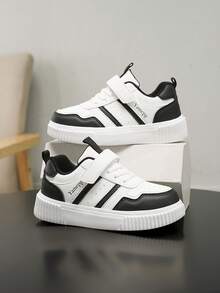 Kids' Fashion Striped Patchwork Contrast Color Letter Print Skate Shoes, Hook And Loop Design For Easy On/Off, Suitable For Outdoor Travel Sports, Cute Casual Sneakers For School, Black & White - Black and White - View 10