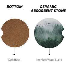 NEW- Forest Tree Car Coasters For Cup Holder Absorbent Ceramic Cup Coaster 2 Pack Anti Slip Car Interior Accessories With Finger Notch Cork Base For Women Men 2.56" - Forest Tree - 查看 2