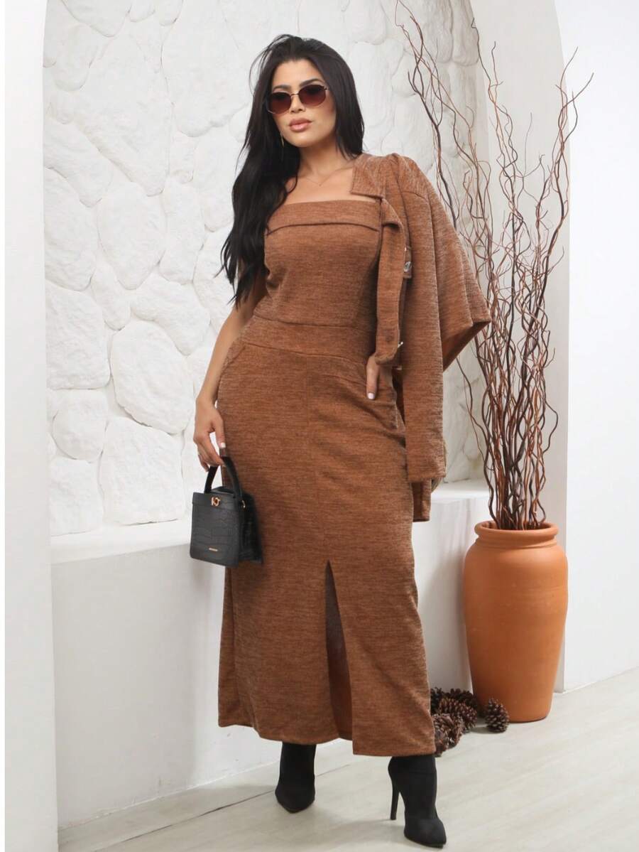 Autumn Chic Set: Long Dress With Slit + Elegant Jacket – Sophistication That Warms With Style ✨ Elegant Casual Knit Fabric Daily Formal And Evening Autumn - 駝色 - 查看 1