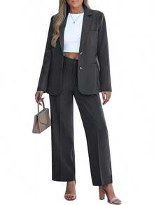 Women Professional Business Casual 2 Piece Pants Suit Dressy Long Sleeve Office Work Blazer Set - Charcoal - 查看 1