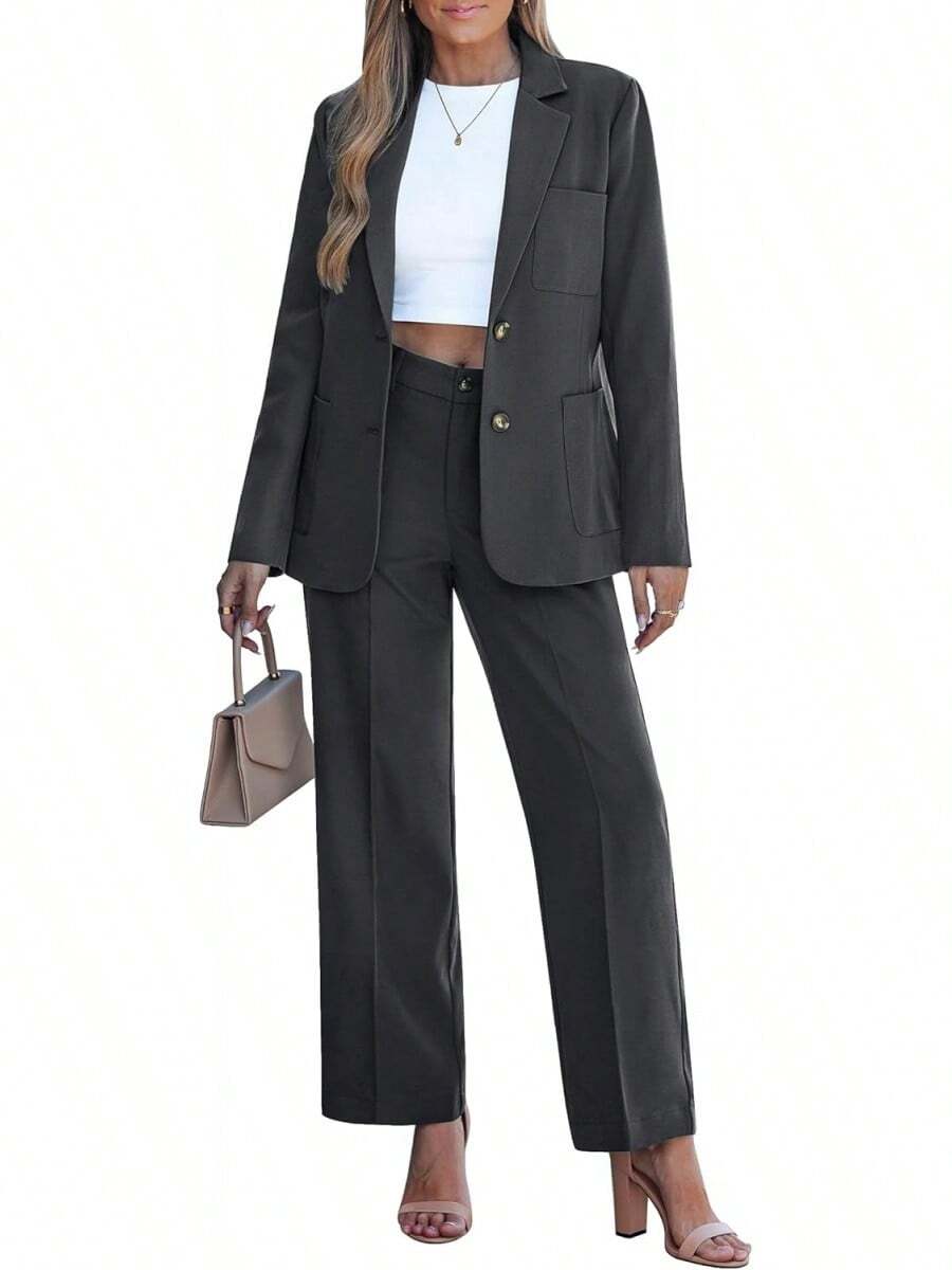 Women Professional Business Casual 2 Piece Pants Suit Dressy Long Sleeve Office Work Blazer Set - Charcoal - 查看 1