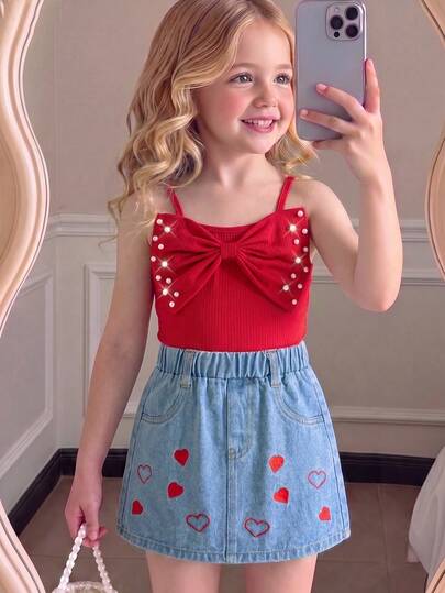 2pcs/Set Fashion Summer Girls Outfit - Bowknot Decor Beaded Camisole Top + Heart Embroidery Washed Denim Mini Skirt, Suitable For Outdoor Wear