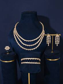 5 piezas Conjunto de joyería de collar de varios niveles de lujo. Material: Cobre y Circonita, incluye collar, anillo, aretes, pulsera. Adecuado para banquetes de señoras, bodas, estilo de Medio Oriente y Europeo, regalo del Día de San Valentín - Dorado - Ver 1