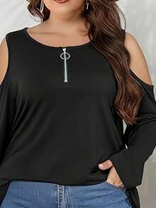 Camiseta elegante de talla grande con cuello redondo, tejido de punto de poliéster con ligero elástico, Color sólido con detalle de cremallera frontal para primavera - Negro - Ver 1