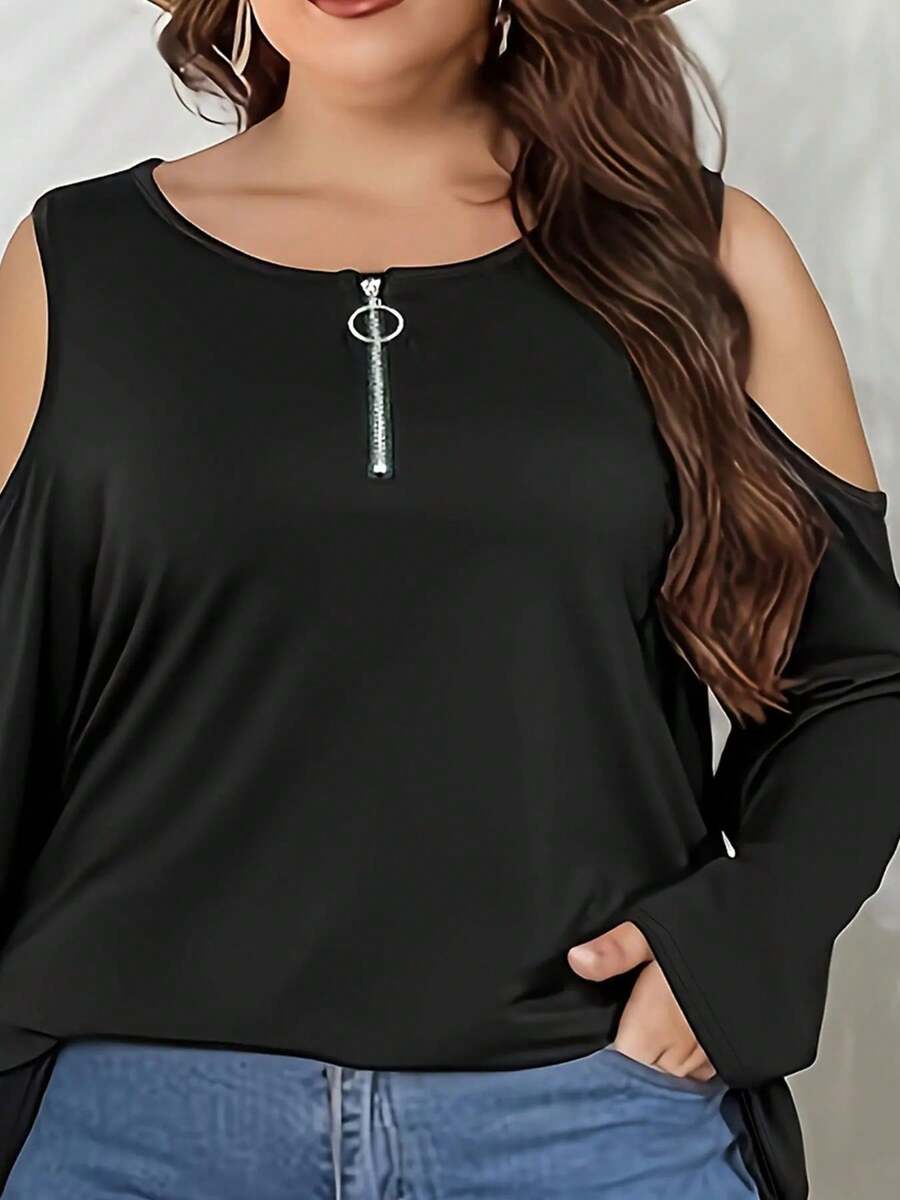 Camiseta elegante de talla grande con cuello redondo, tejido de punto de poliéster con ligero elástico, Color sólido con detalle de cremallera frontal para primavera - Negro - Ver 1