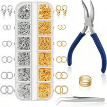 Bộ dụng cụ làm trang sức, làm trang sức bằng vòng nối và sửa chữa dây chuyền, bao gồm kìm miệng cong màu xanh, bộ vòng nối mở, móc càng cua và nhíp, và vòng nối mở. - Nhiều màu - Xem 2