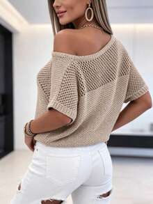 Casual Loose Knit Asymmetric Neck Hollow Sweater For Women, Summer Short Sleeve Tops Vacation Spring - Khaki - View 3