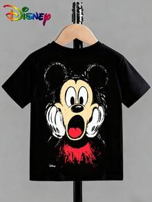 Disney Authorization - Summer Round Neck Short Sleeves For Youth And Boys - Graffiti Texture Surprise Mickey Mouse - Printed Pattern Design Round Neck T-Shirt, Pattern T-Shirt Pullover, Boys' Clothing, 180g Polyester Soft Fabric, Suitable For Boys To Return To School, Party, Outdoor, Travel Wear - màu đen - Xem 2