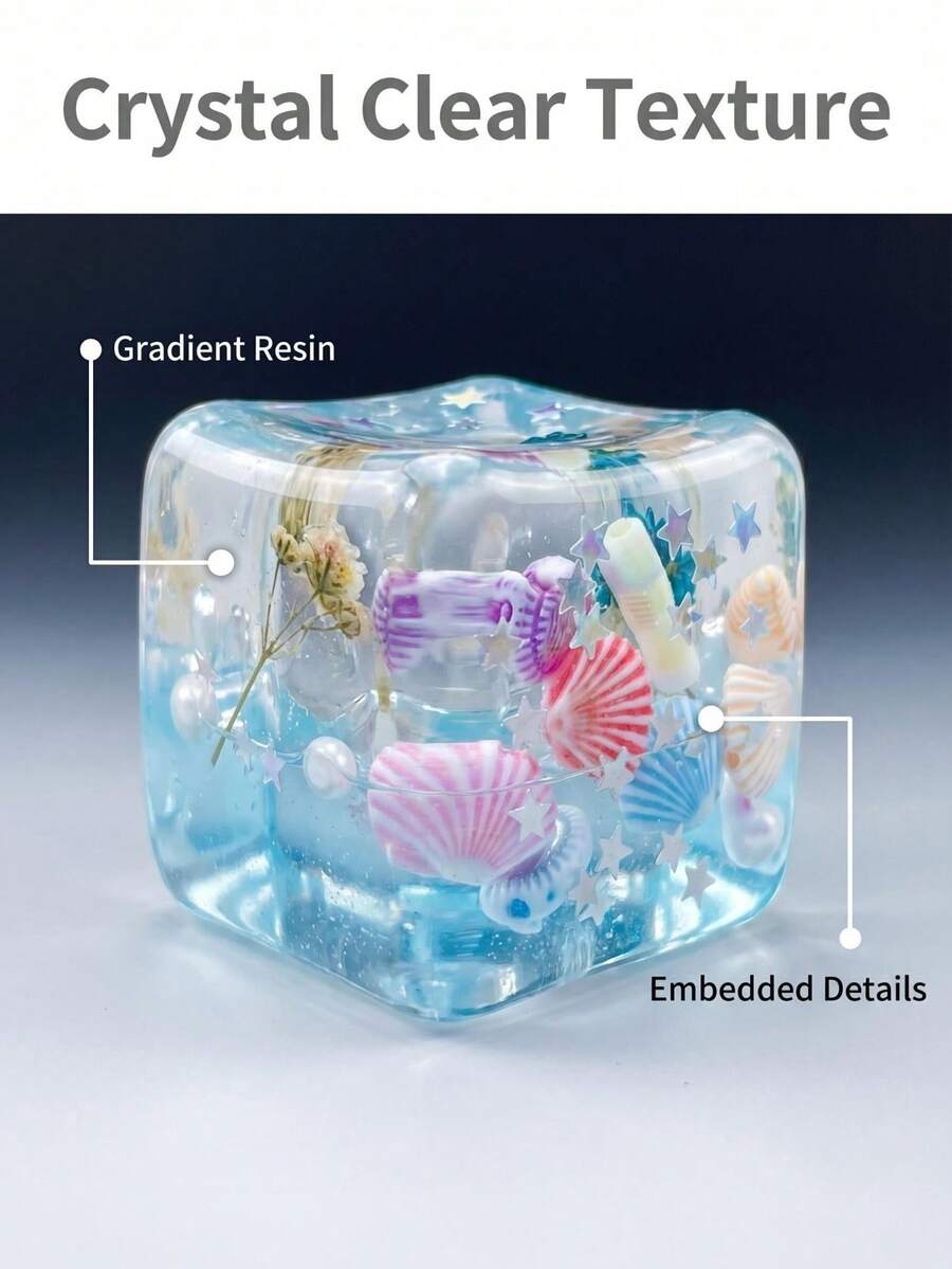 1pc Pinch And Release Unlimited, Gradient Blue Resin Maltose Star Island Block Decoration Dried Flower Sparkle Shell Inlay, Translucent Gradient Blue Resin Block Palm Size Decoration