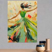 Cuadro 2D plano, 2D plano, 2D plano de 1 pieza con marco de madera, que representa un abstracto de una mujer con vestido verde, ideal para celebraciones de cumpleaños, Día de la Madre, Año Nuevo y regalos de Pascua para madres. Sirve como pieza decorativa para salas de estar familiares. - Enmarcado - Ver 3