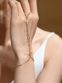 18K Gold Plated Elegant Zirconia Finger Chain Bracelet, Stainless Steel Women's Bracelet, Suitable For Valentine's Day, Party, Formal Occasions, Daily Wear, Date, Carnival, New Year, Wedding, Beach, Christmas, Anniversary, Elegant Mother's Day Gift, Bohemian Style Jewelry, Bridesmaid Gift - Gold - View 3