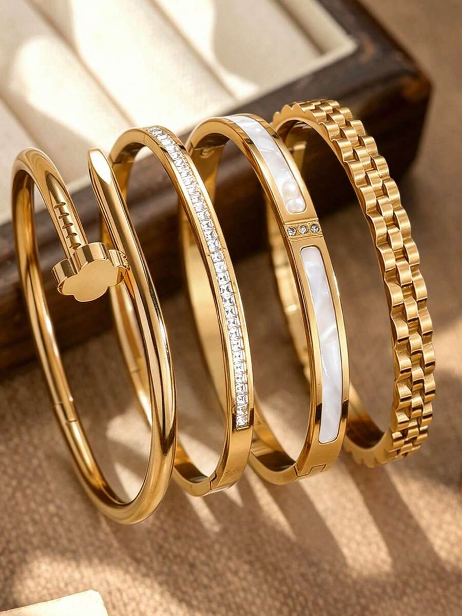 4 / 1pc High-Quality 18K Stainless Steel Fashion Four-Leaf Clover Women's Bangle Accessory, Shell/Wave Design, Four-Leaf Clover Bracelet, Elegant And Versatile, Suitable For Women's Parties, Daily Wear, Casual Outfits, Gifts For Lovers, Friends, Family, Music Festivals, Banquets, Summer Beach Vacations. Has A High-End Temperament. - Gold - View 1