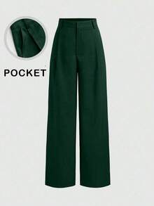 Pantalones de diseño minimalista Vela Rue con cierre de gancho y cremallera, pantalones anchos de color blanco sólido y transparentes, ligeros, pantalones anchos de moda para todas las estaciones, primavera - Verde Oscuro - Ver 1