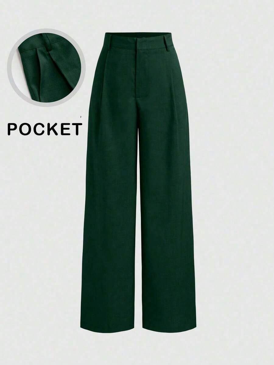 Pantalones de diseño minimalista Vela Rue con cierre de gancho y cremallera, pantalones anchos de color blanco sólido y transparentes, ligeros, pantalones anchos de moda para todas las estaciones, primavera - Verde Oscuro - Ver 1